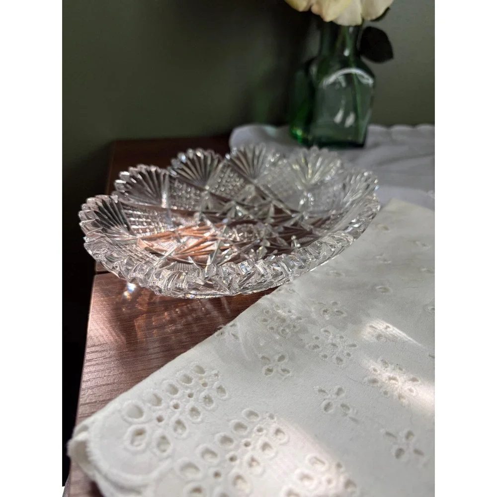 Antique American Brilliant Cut Glass Fan Star Dish, Scalloped Bowl